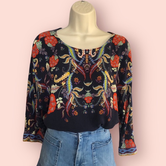 DESIGUAL Bohemian Floral Paisley 3D print Small Top Blouse 3/4 sleeve Black - Picture 3 of 13